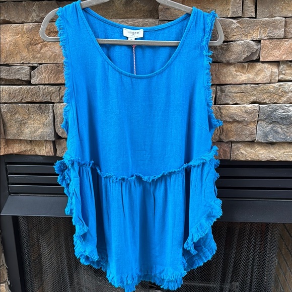 Umgee Tops - Umgee Blue Linen blend Ruffled Tank Top raw frayed hem flowy oversized